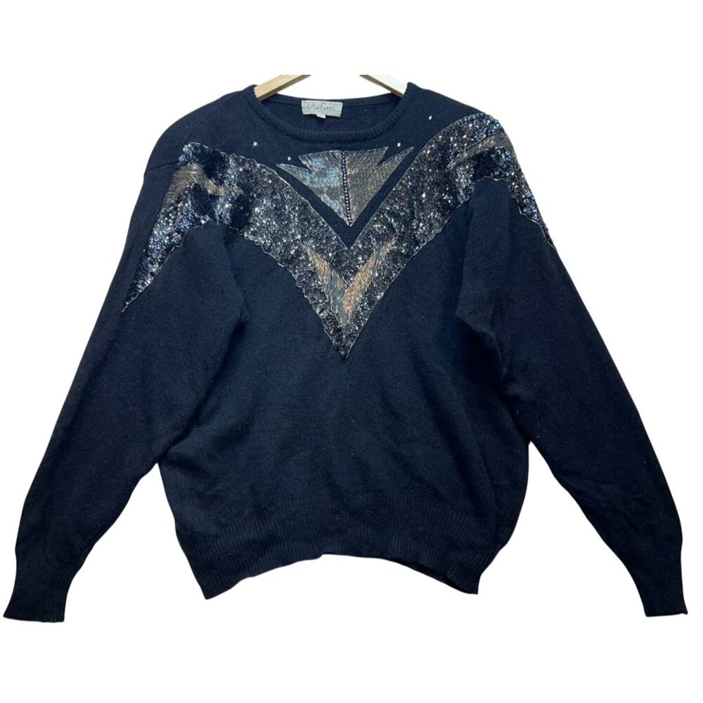 Vintage The Violetta Womens Sequin Lambswool Sweater Knit Long Sleeve Sz L Black